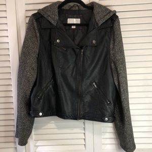 Xhilaration women’s faux leather black/gray jacket with hood Sz XXL